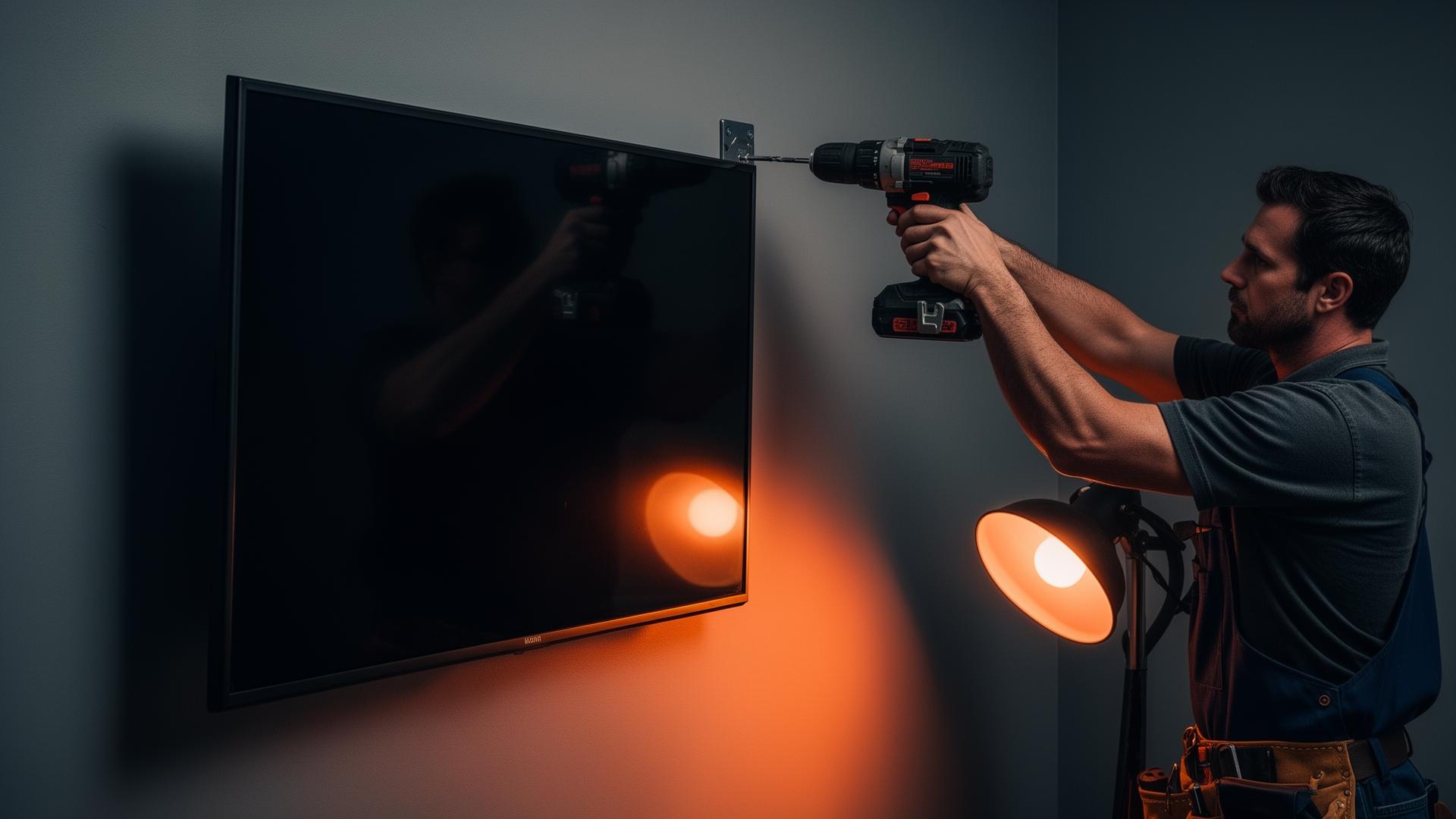 Handyman mounting a TV with a power drill